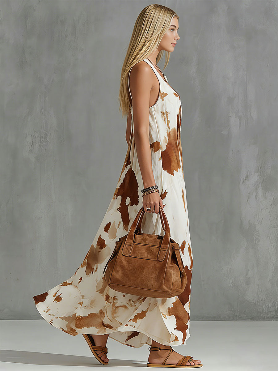 Vintage Brown Cow Print White Chiffon Sleeveless Maxi Dress - By Qivii