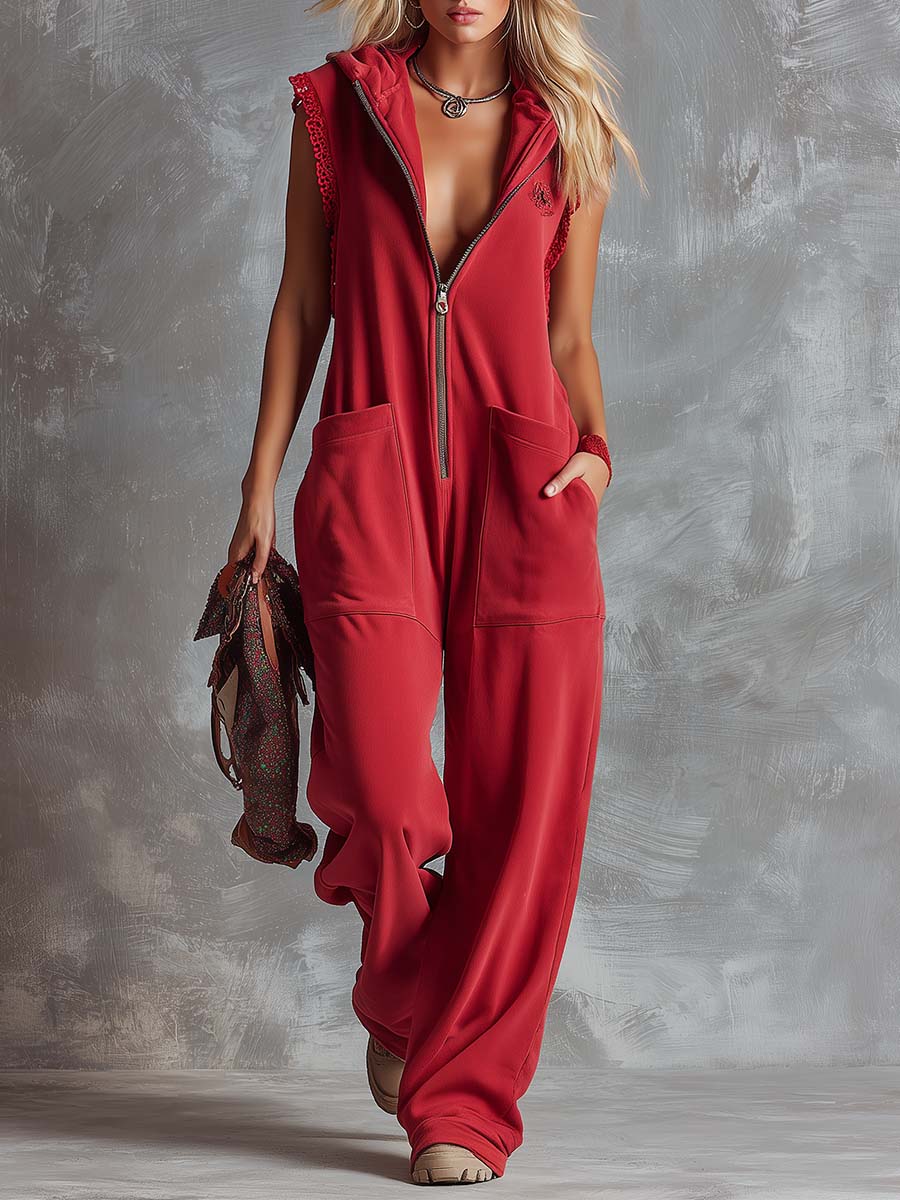 Retro Fashiona Sporty Hooded V-neck Front Zipper Raspberry Red Cotton Jumpsuit - By Qivii