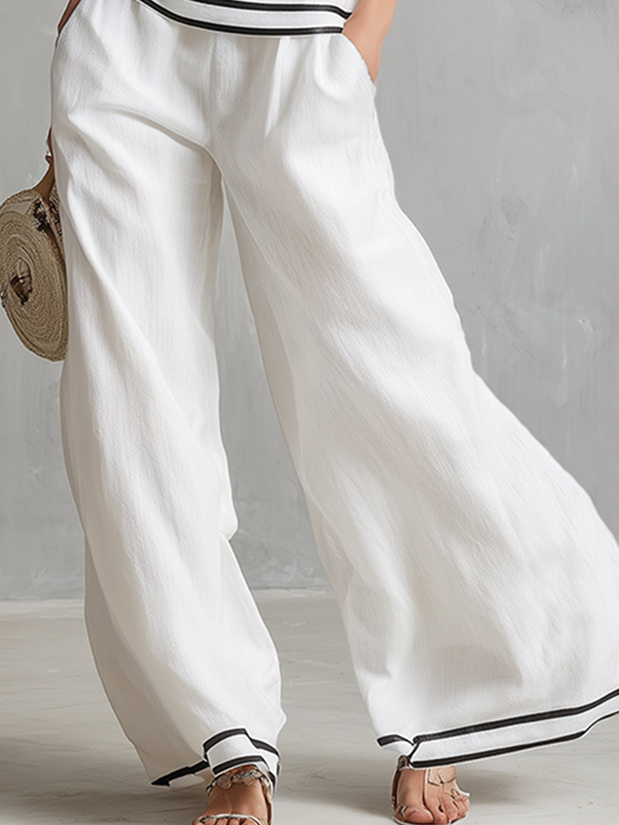 Elegant Minimalist Trimmed White Cotton Linen Halter Neck Top And Wide-leg Pants Set - By Qivii