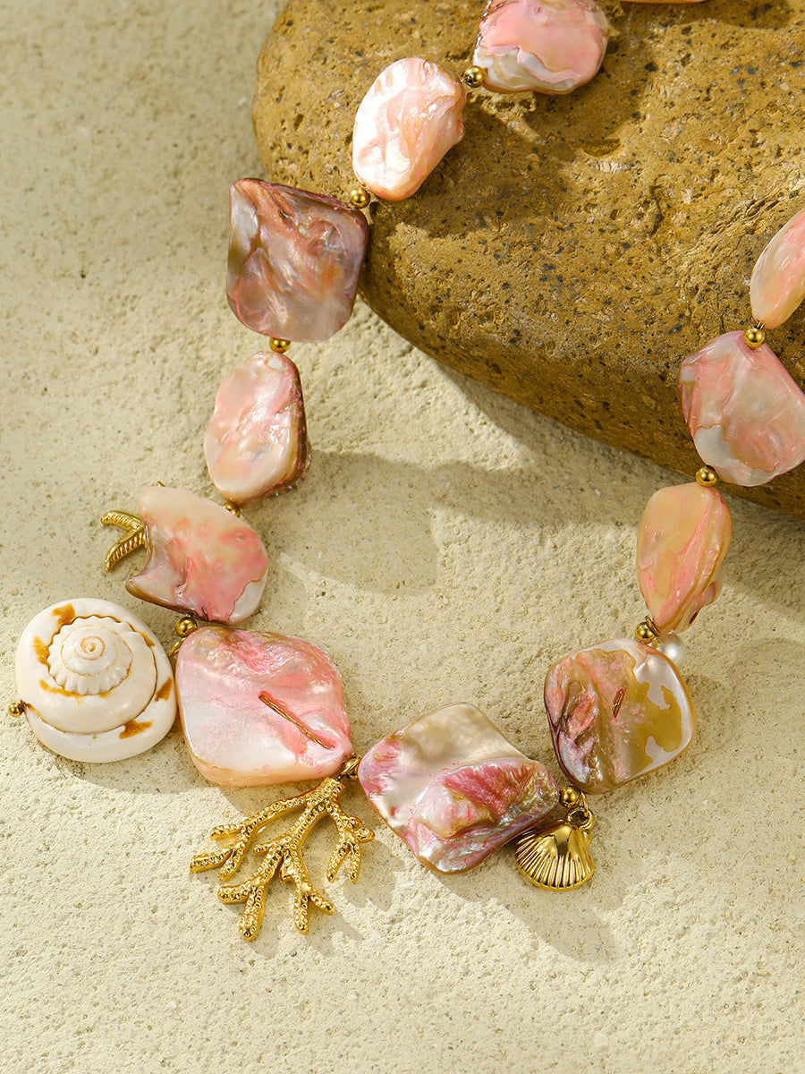 Beach Style Pink Shell Coral Stainless Steel Necklace - By Qivii