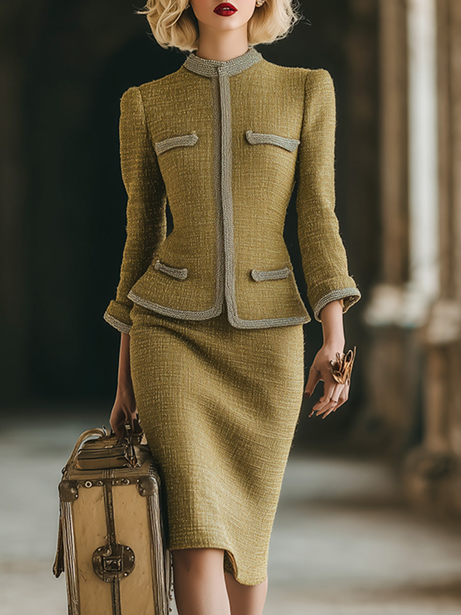 Exquisite Vintage Light Gold Tweed Jacket And Skirt Set - By Qivii