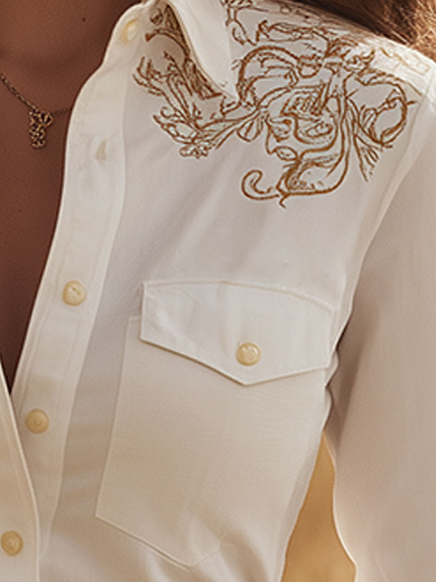 Western Retro Embroidered White Tencel Denim Shirt - By Qivii