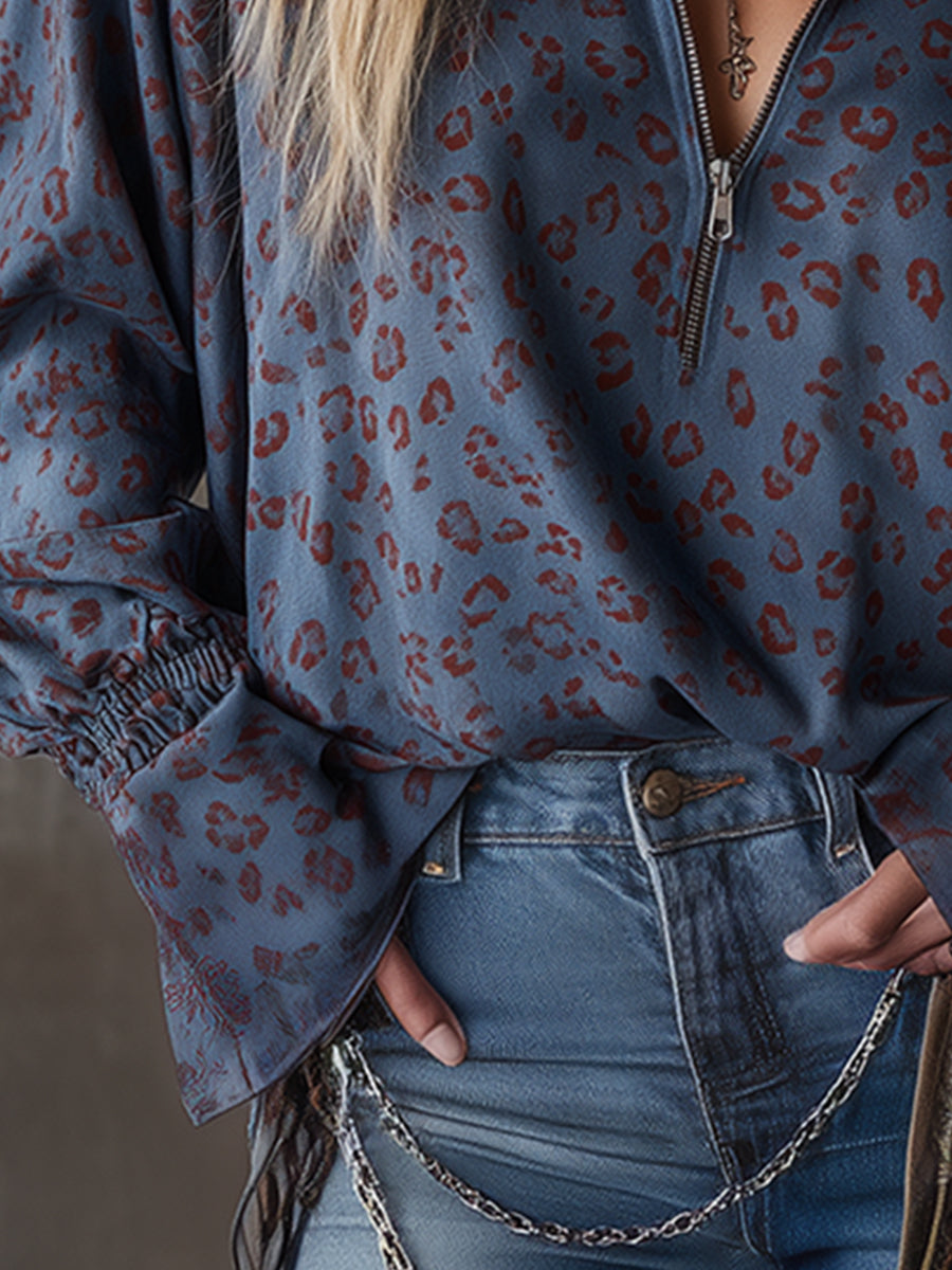 Western-style Casual Leopard Print Blue Faux Suede Shirt - By Qivii