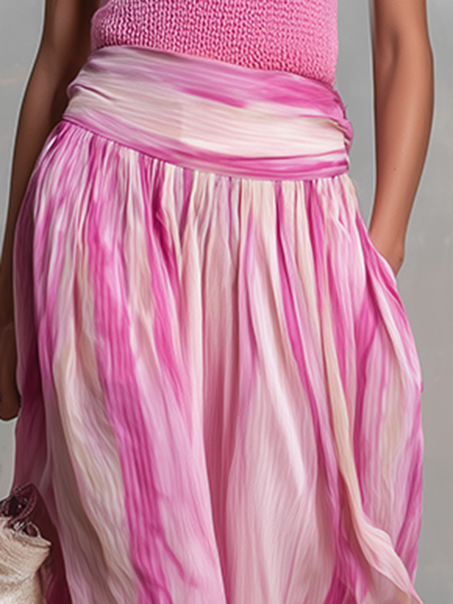 Casual And Flowy Striped Printed Chiffon Long Skirt - By Qivii