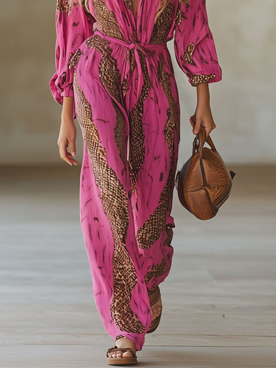 Casual Loose Rose Red Chiffon Leopard Print Long-Sleeved Jumpsuit - By Qivii