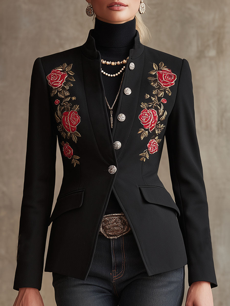 Stand Collar Single-breasted Rose Embroidered Woolen Blazer - By Qivii