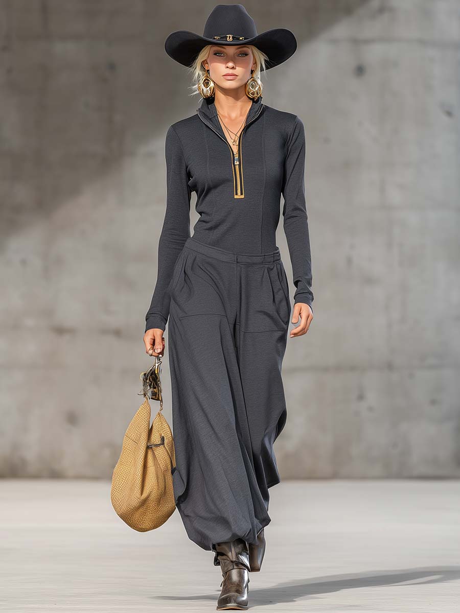 Casual Retro Sports Dark Gray Half-high Collar Front Zipper Long-sleeved Top And Wide Pants Set - By Qivii