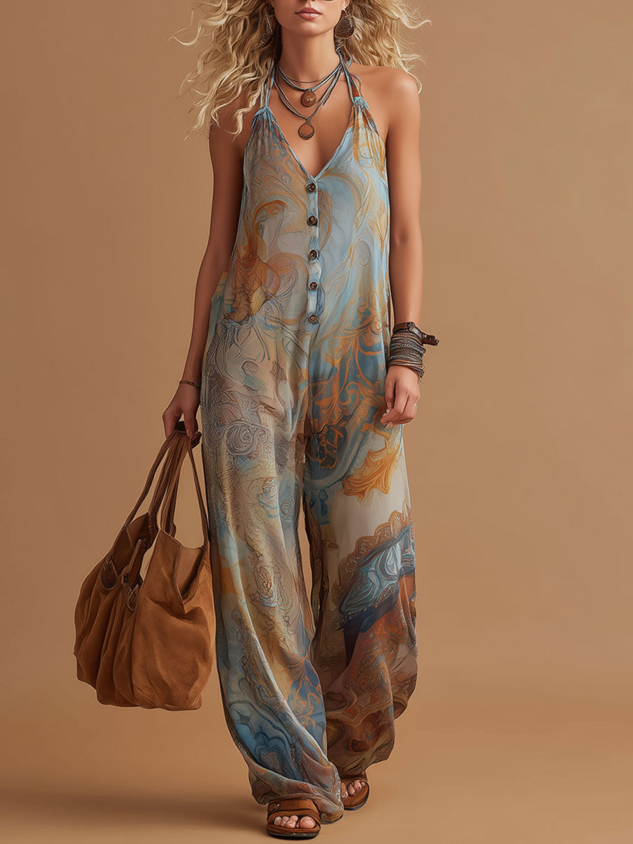 Vacation Retro Bohemian Print Chiffon Sleeveless Wide-Leg Jumpsuit - By Qivii