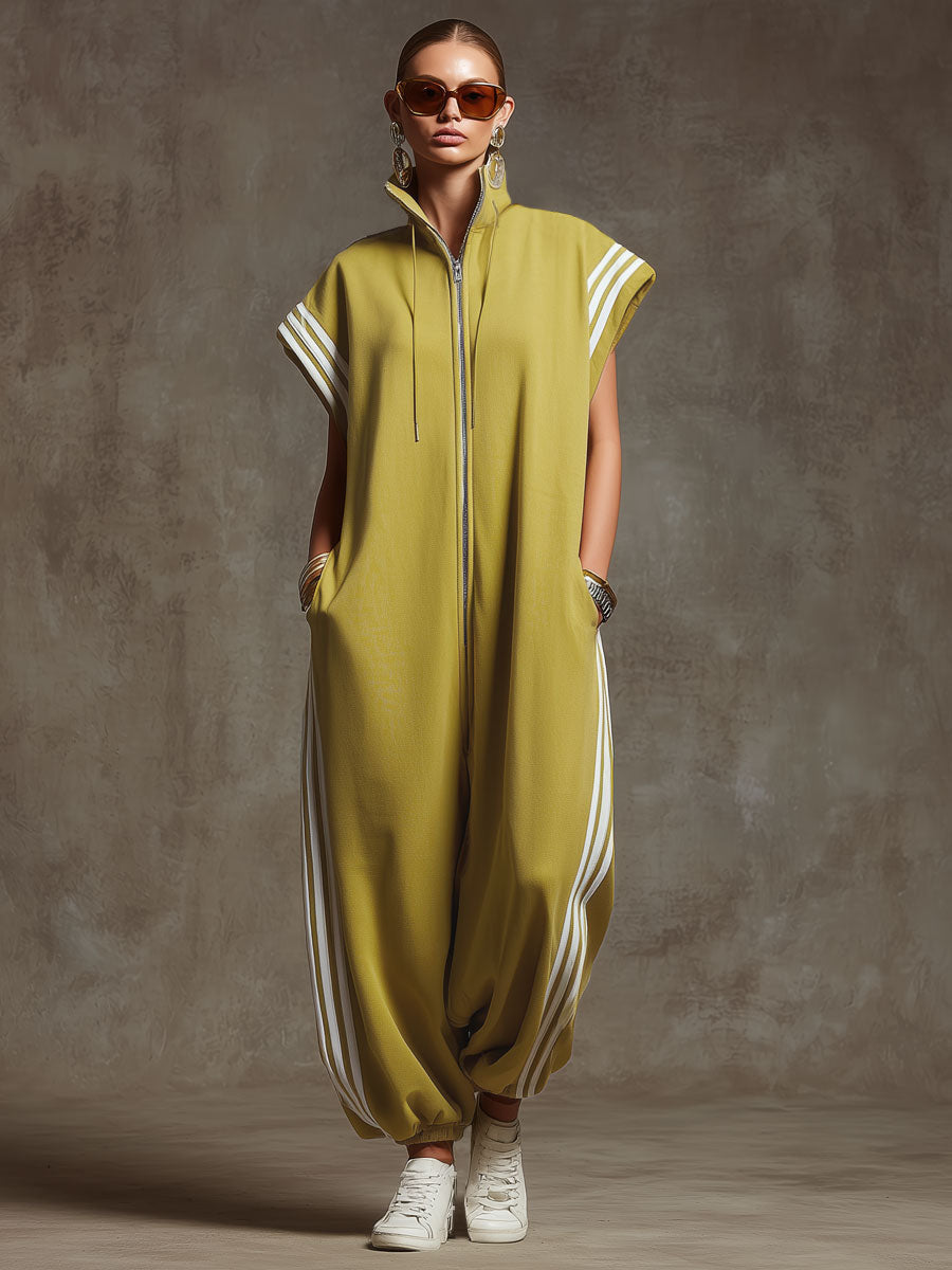 Casual Sports White Webbing Yellow-green Sleeveless Jumpsuit - By Qivii