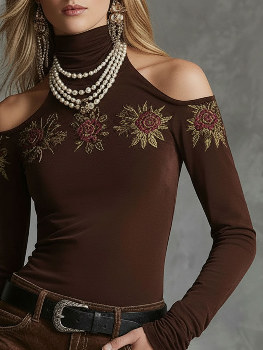 High-neckoff-shoulder Rose-embroidered All-cotton Long-sleeved T-shirt - By Qivii