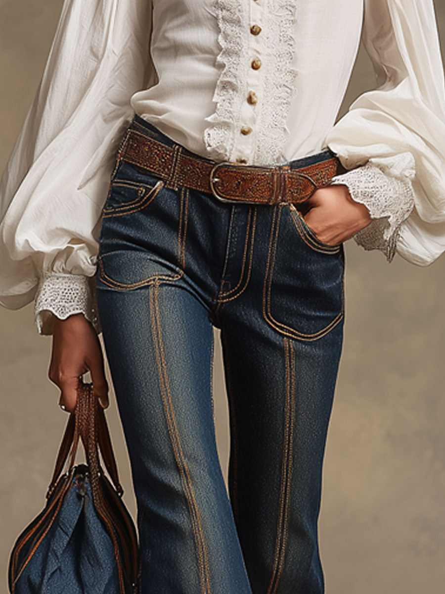 Retro Brown Double-stitched Navy Jeans - By Qivii