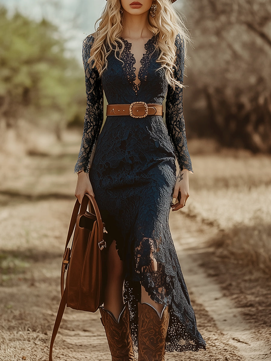 Vintage Bohemian Blue Lace Long Sleeve Midi Dress - By Qivii
