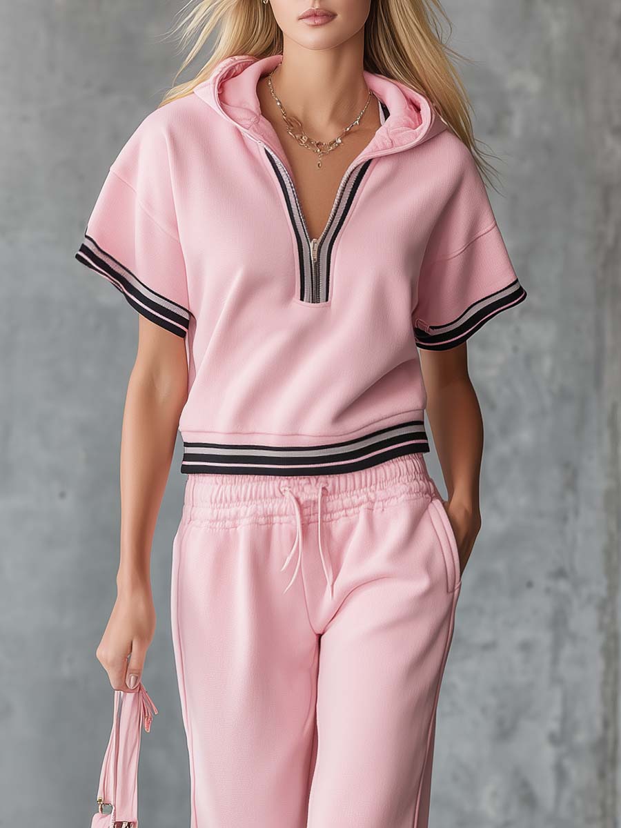 Elegant Fashion Sporty Hooded Front Zipper Short-sleeved Pink Cotton Top And Pants Set - By Qivii