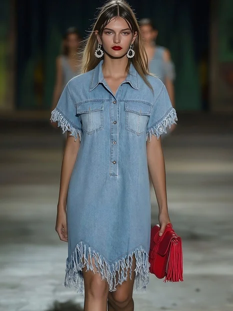 Casual Loose Vintage Denim Short Sleeve Shirt Tassel Mini Dress - By Qivii