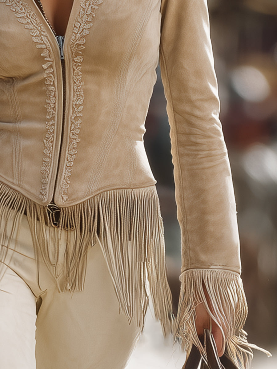 Casual Vintage Khaki Lace Tassel Jacket - By Qivii