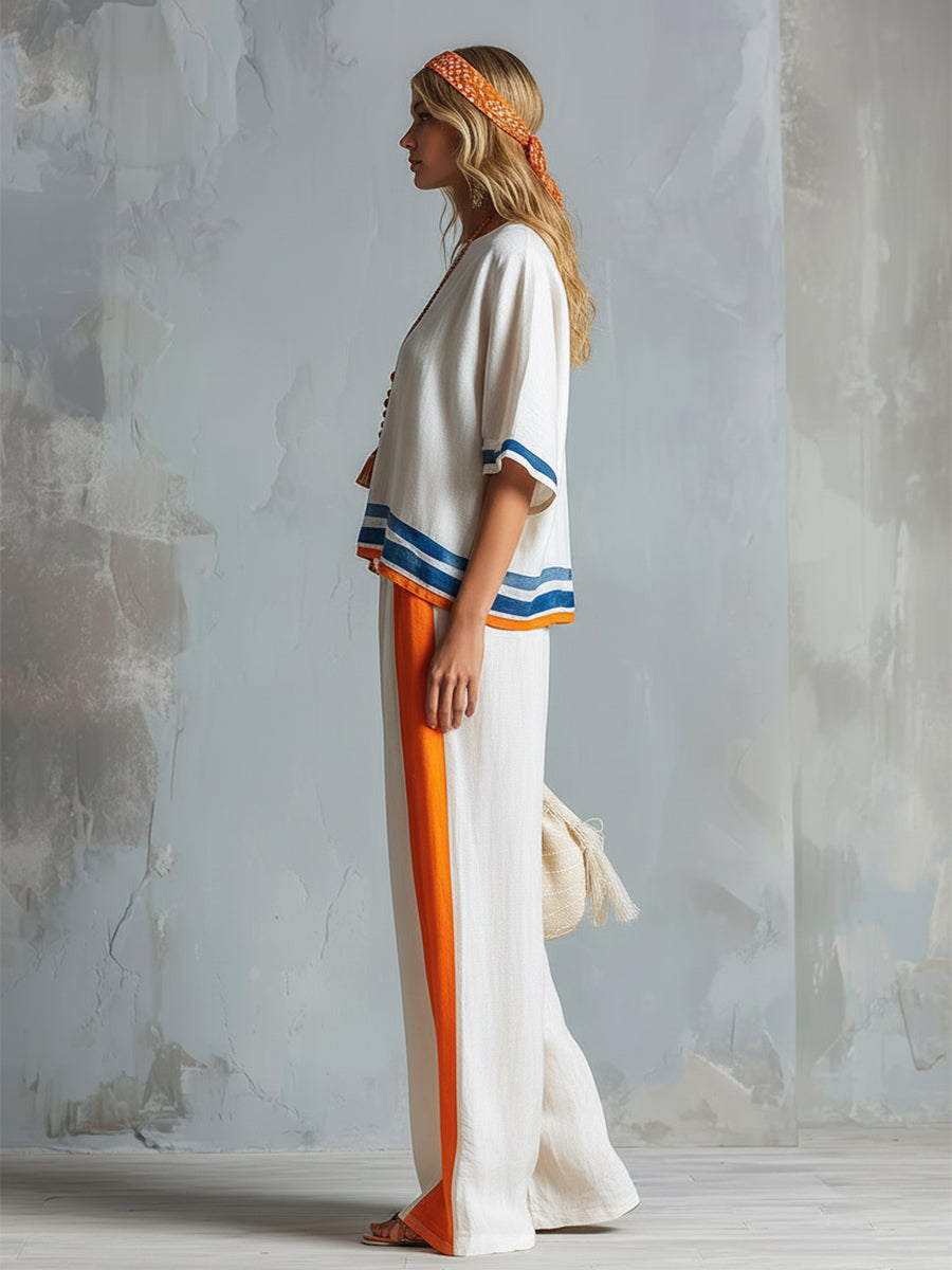 Casual Urban Style Contrast-Trimmed White T-Shirt & Wide-Leg Pants Cotton-Linen Set - By Qivii