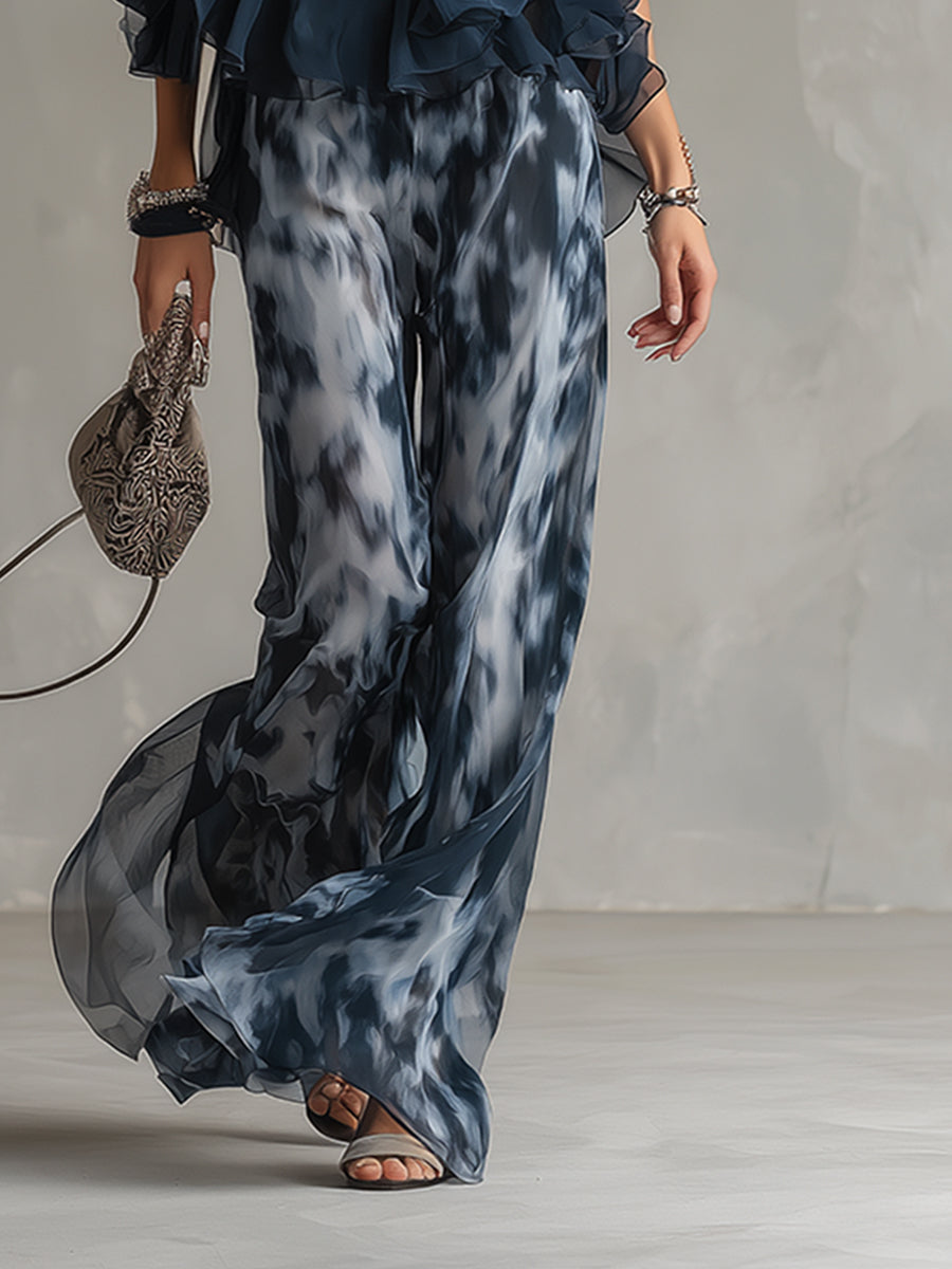 Elegant Urban Navy Blue Halter Neck Top And Printed Wide-leg Pants Chiffon Set - By Qivii