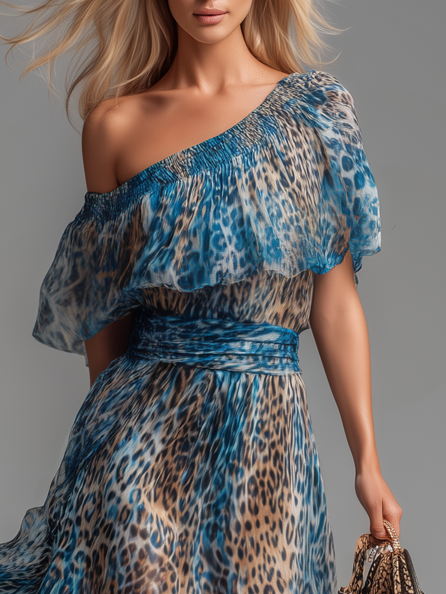 Stylish And Elegant Off-the-shoulder Short-sleeved Leopard Print Chiffon Maxi Dress - By Qivii