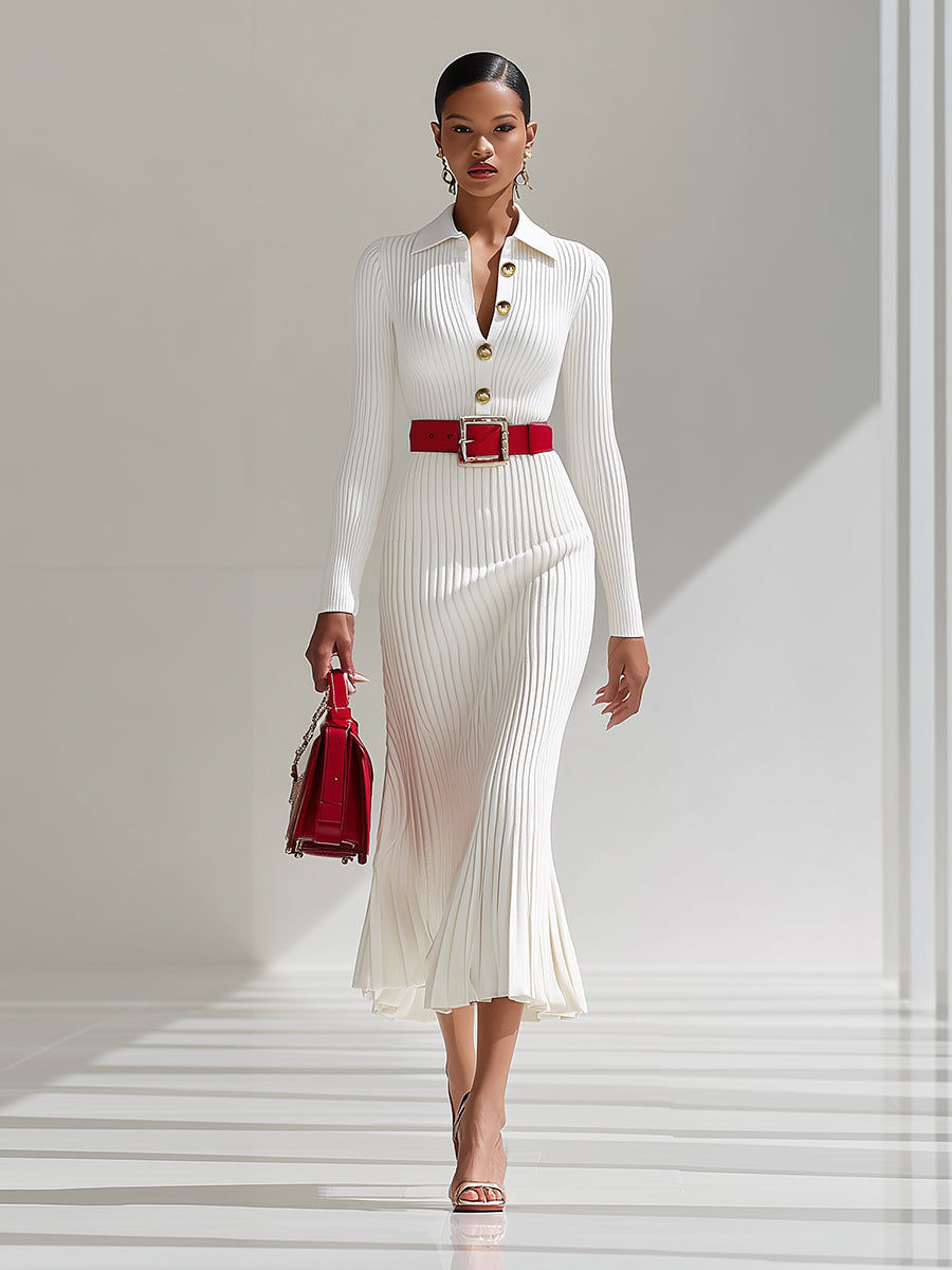 White Wool Lapel Button Design Maxi Dress - By Qivii