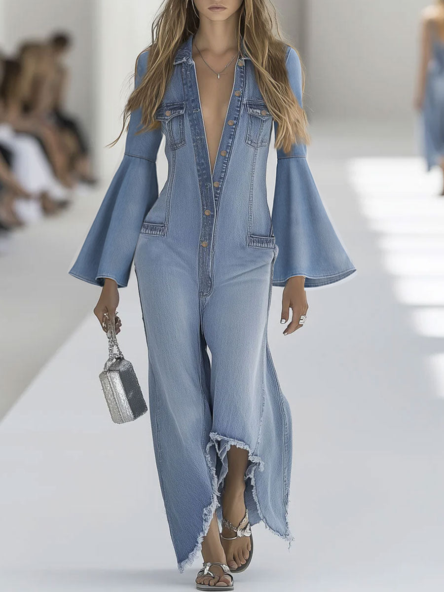 Casual Retro Light Blue Denim Flared Long-Sleeved Wide-Leg Raw Edge Jumpsuit - By Qivii