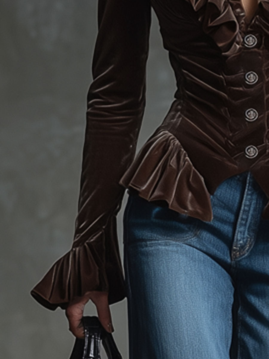 Fashion Retro Cocoa Brown Velvet V-Neck Ruffled Long-Sleeved Shirt - By Qivii