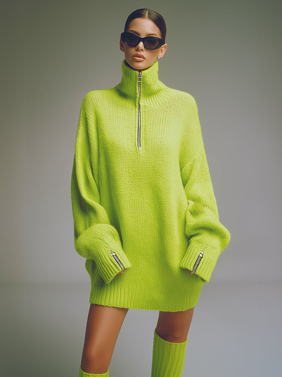 Casual Loose-fitting Green Knitted Mini Dress - By Qivii