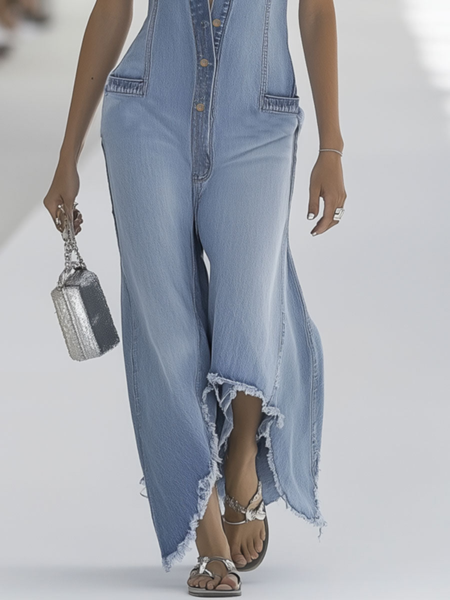 Western Retro Light Blue Denim Sleeveless Raw Edge Wide Leg Zipper Jumpsuit - By Qivii