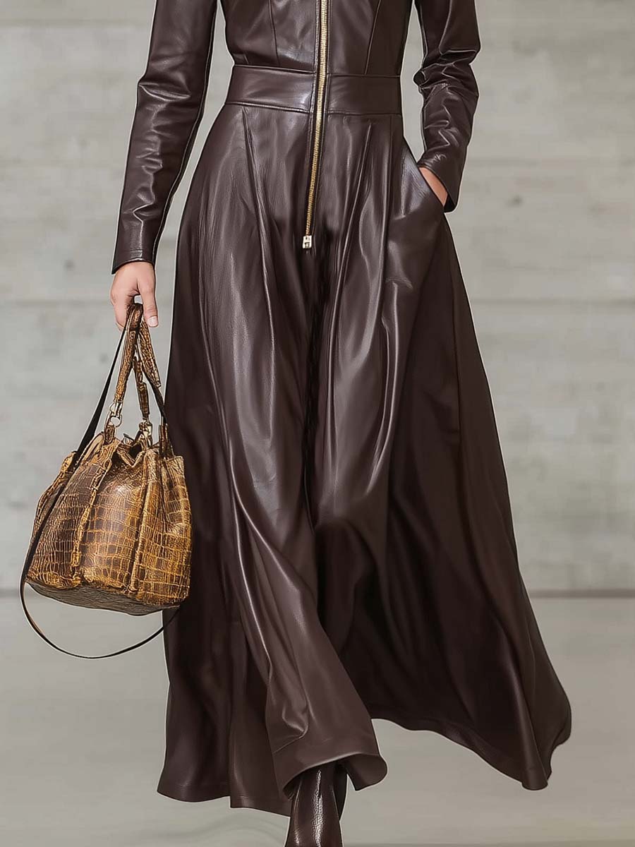 Exquisite Temperament Front Zipper Long Sleeve High-quality Brown Leather Maxi Dress - By Qivii