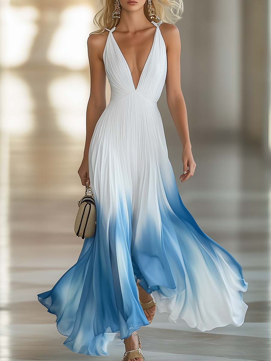 Elegant And Flowing V-Neck Pleated Chiffon Blue Gradient White Maxi Dress - By Qivii