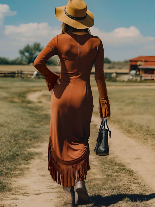 Western Retro Brick Red Cotton Long Sleeve Tassel Maxi Dress - By Qivii