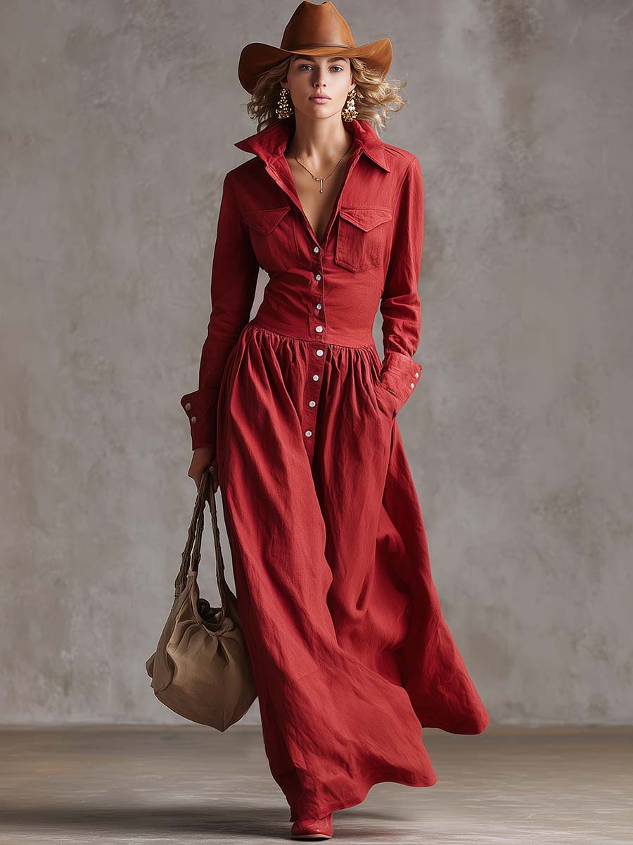 Exquisite Retro Western Lapel Front Button Red Windbreaker Style Cotton And Linen Maxi Dress - By Qivii