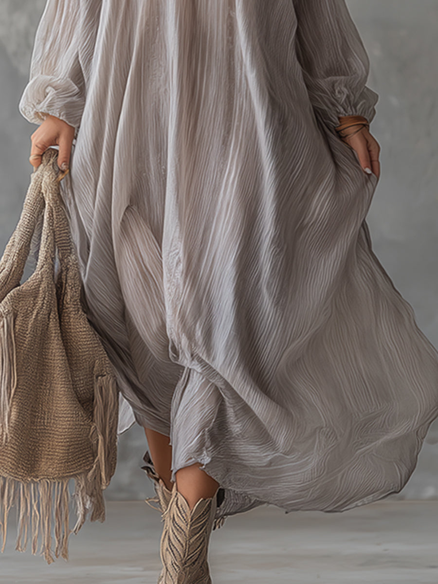 Lazy And Elegant V-neck Light Gray Crinkled Chiffon Maxi Dress - By Qivii
