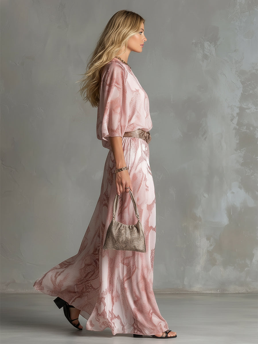 Retro Urban Style Pink Snake Print One-shoulder T-shirt And Wide-leg Pants Set - By Qivii
