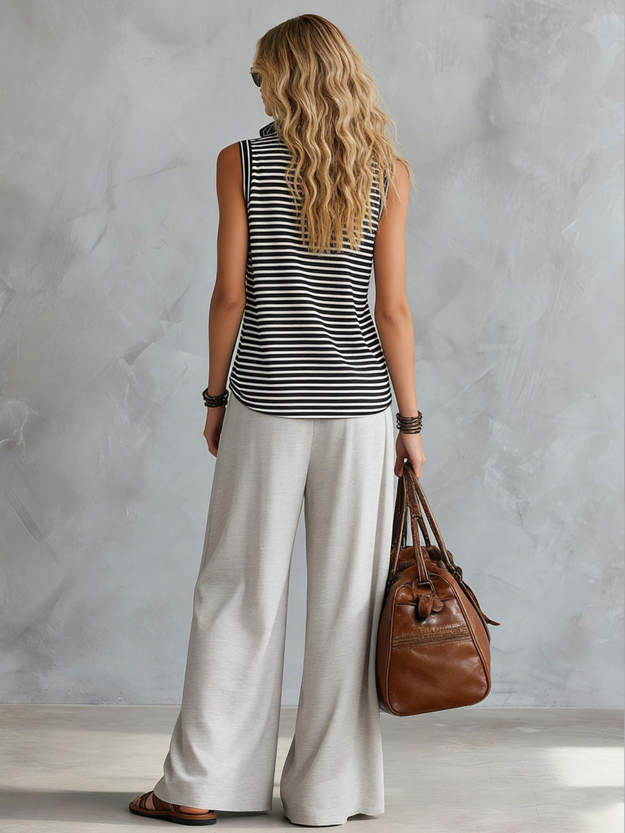 Sporty Retro Black And White Striped Half-Zip Sleeveless T-Shirt And Wide-Leg Pants Set - By Qivii