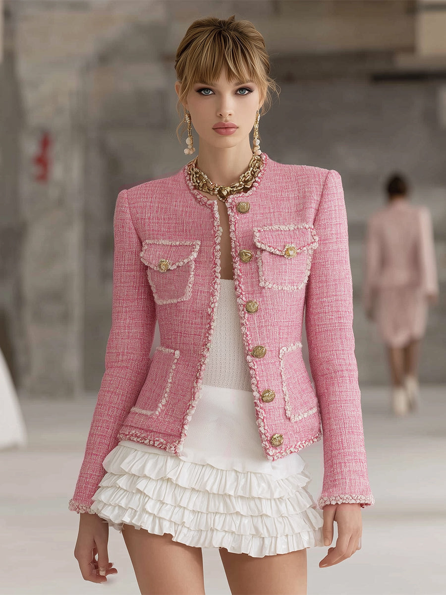 Designer Pink Tweed Patchwork White Trim Button Jacket - By Qivii