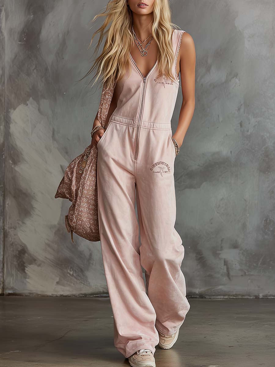 Elegant Retro Sporty V-neck Front Zipper Sleeveless Light Pink Cotton Jumpsuit - By Qivii