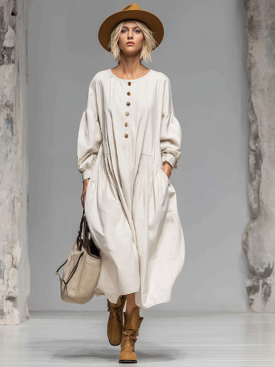 Loose Round-neck Button-front Double-pocket Cotton Long-sleeved Midi Dress - By Qivii