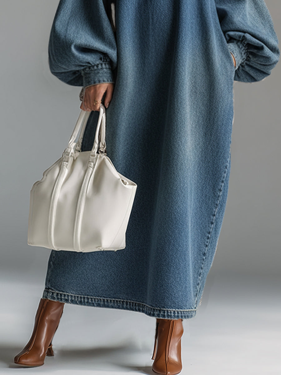 Elegant Urban-style Blue Denim Button-down Maxi Dress - By Qivii