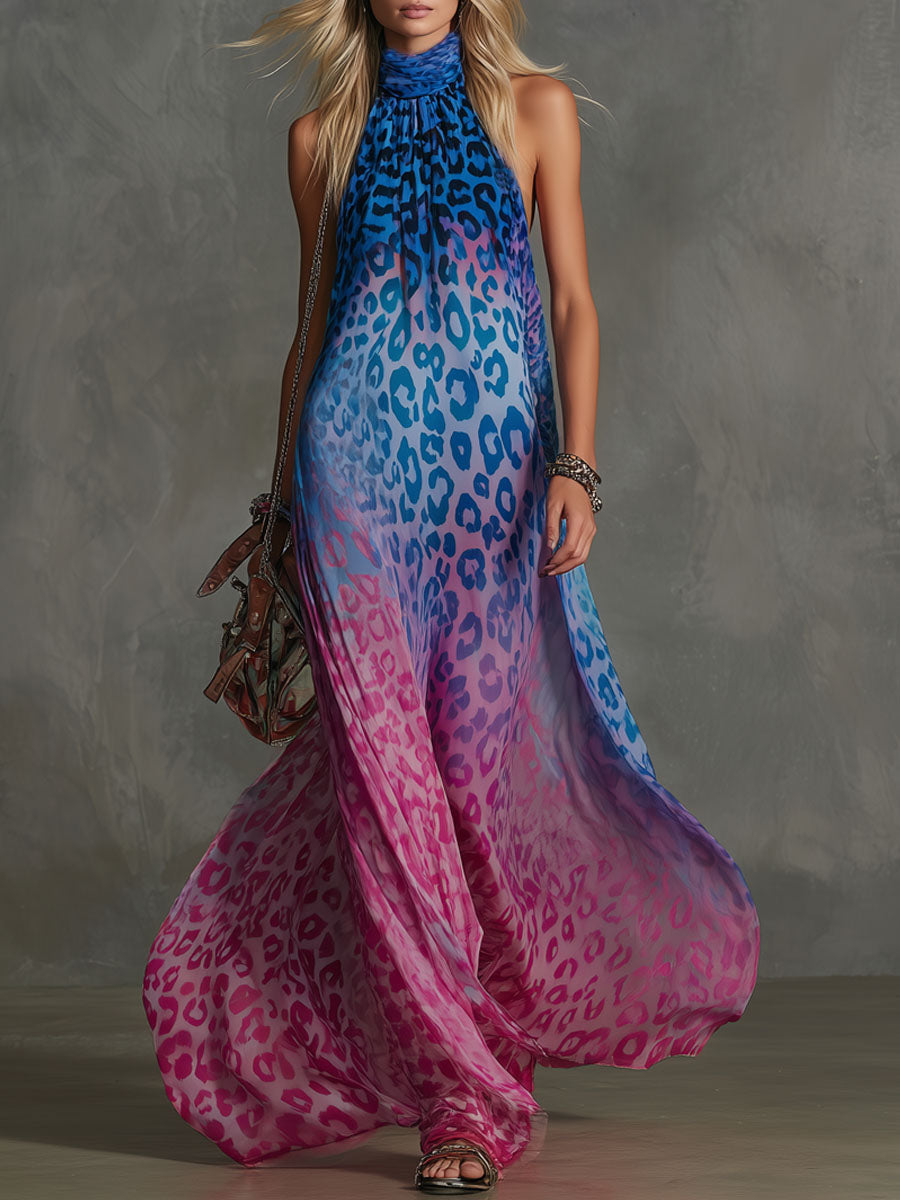 Gradient Leopard Print Chiffon High-neck Sleeveless Maxi Dress - By Qivii