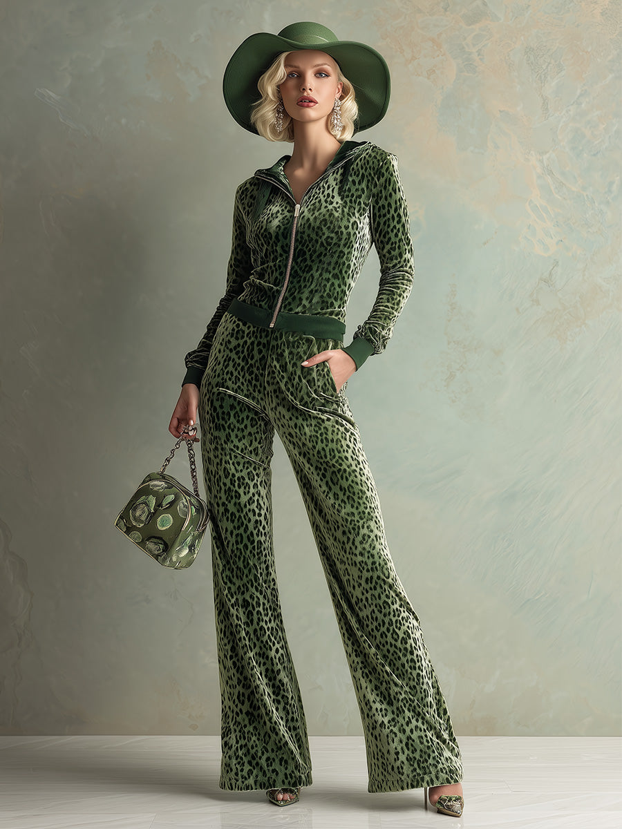 Retro Elegant Green Leopard Print Hooded Velvet Jumpsuit - By Qivii