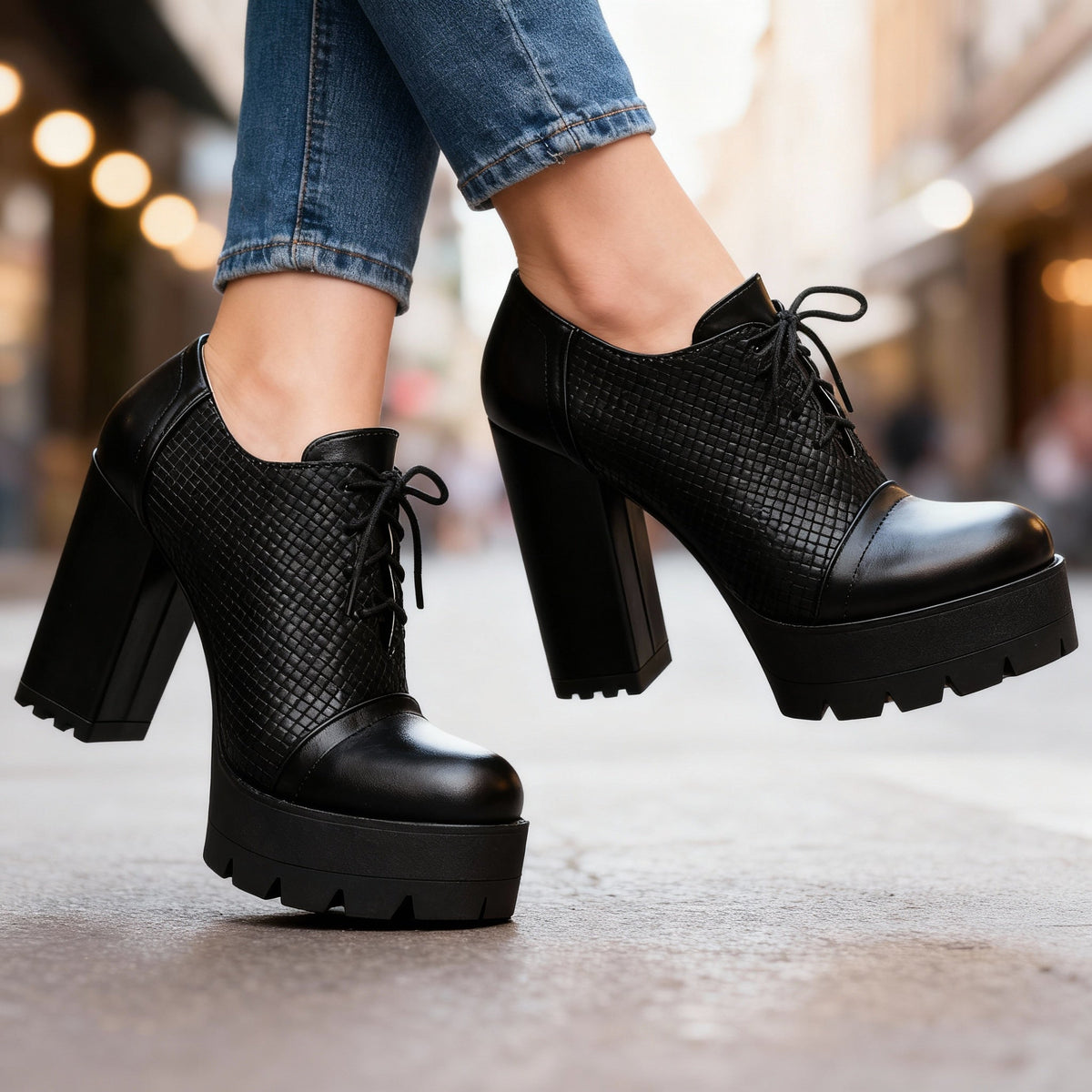 Jeanette Lace-Up Block Heels - By Qivii