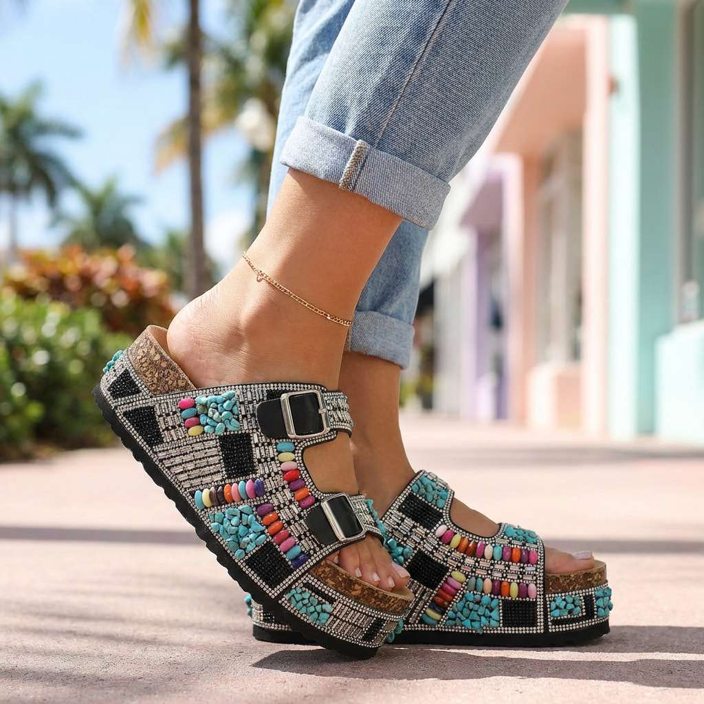 Samantha Beaded Platform Slides - By Qivii