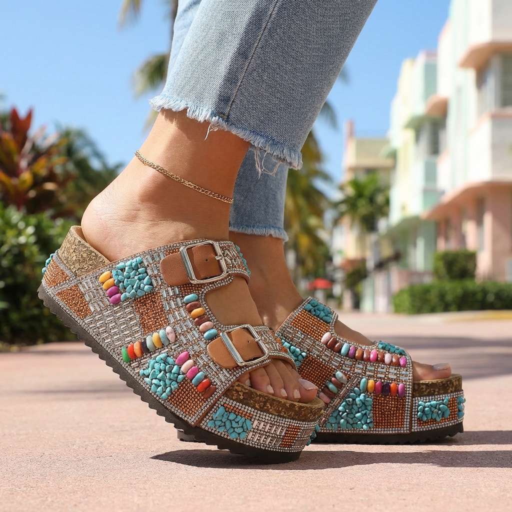 Samantha Beaded Platform Slides - By Qivii