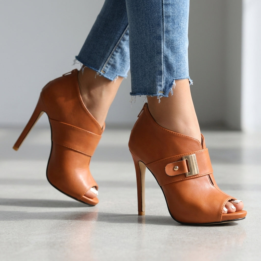 Alyssa Open Toe Buckle Heels - By Qivii