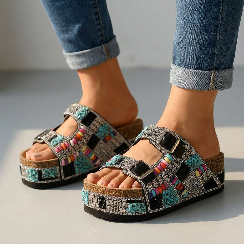 Samantha Beaded Platform Slides - By Qivii