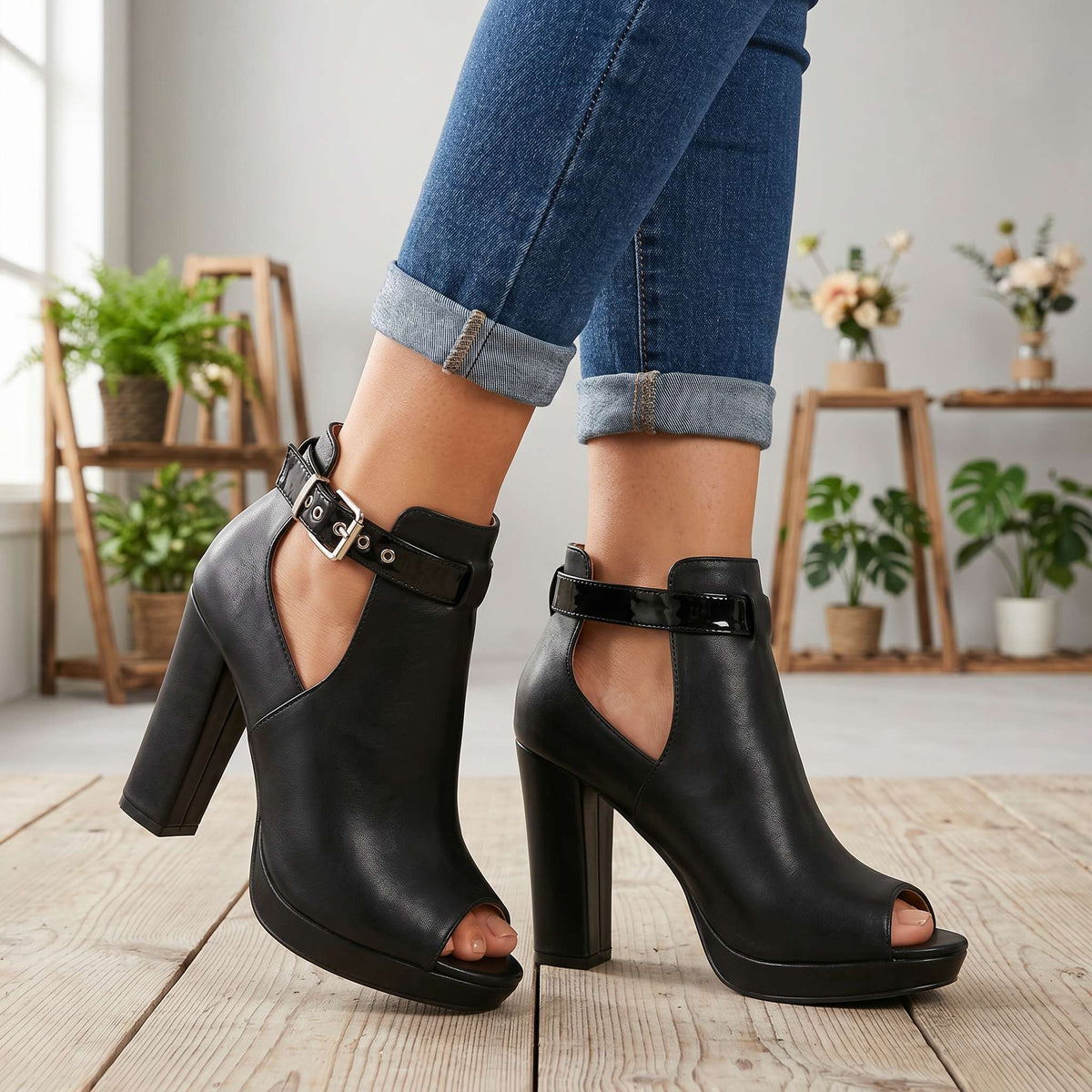 Andrea Open Toe Buckle Heels - By Qivii