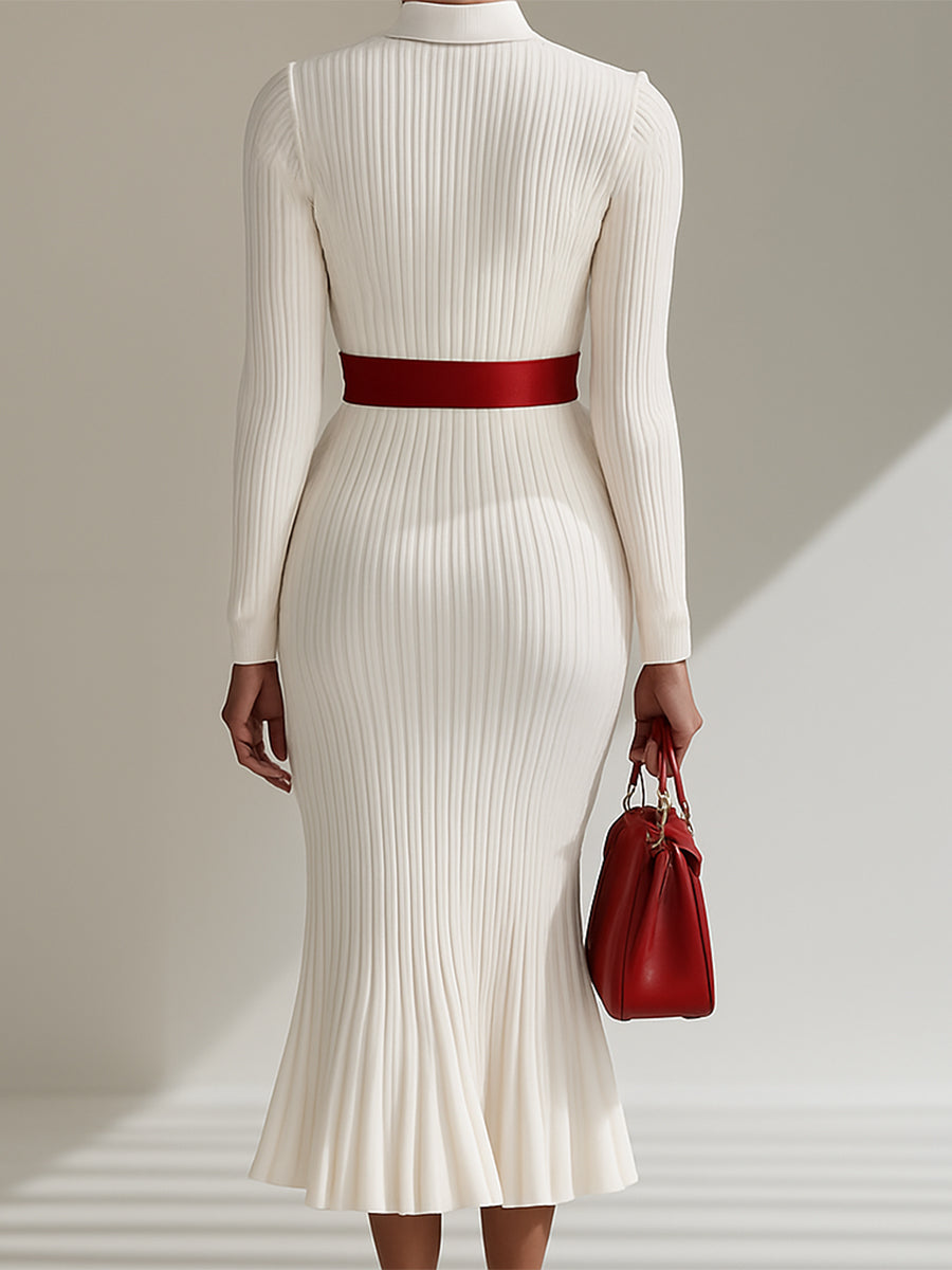 White Wool Lapel Button Design Maxi Dress - By Qivii