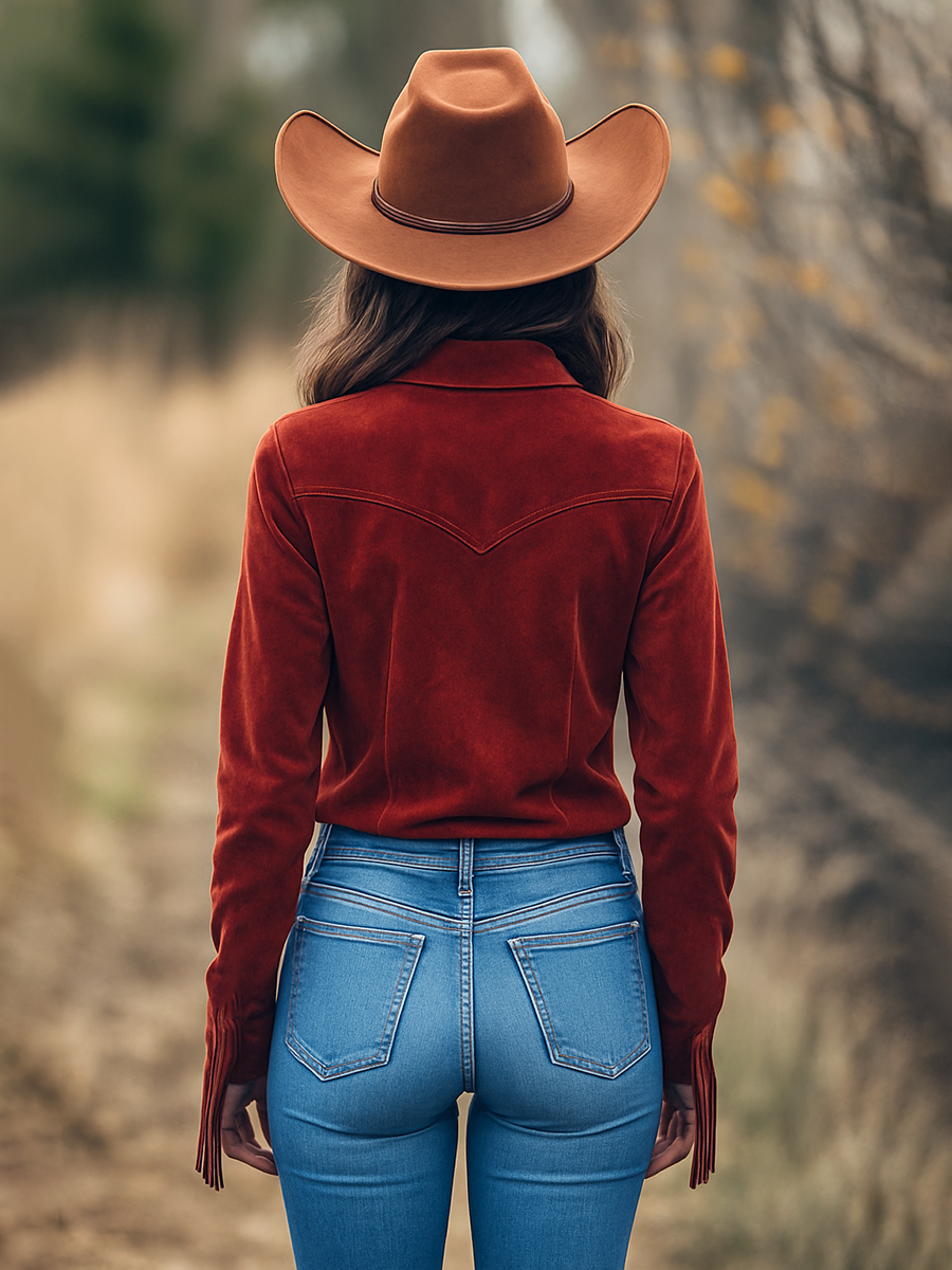 Outdoor Western Cowboy Red Suede Lapel Tassel Long Sleeve Shirt - By Qivii