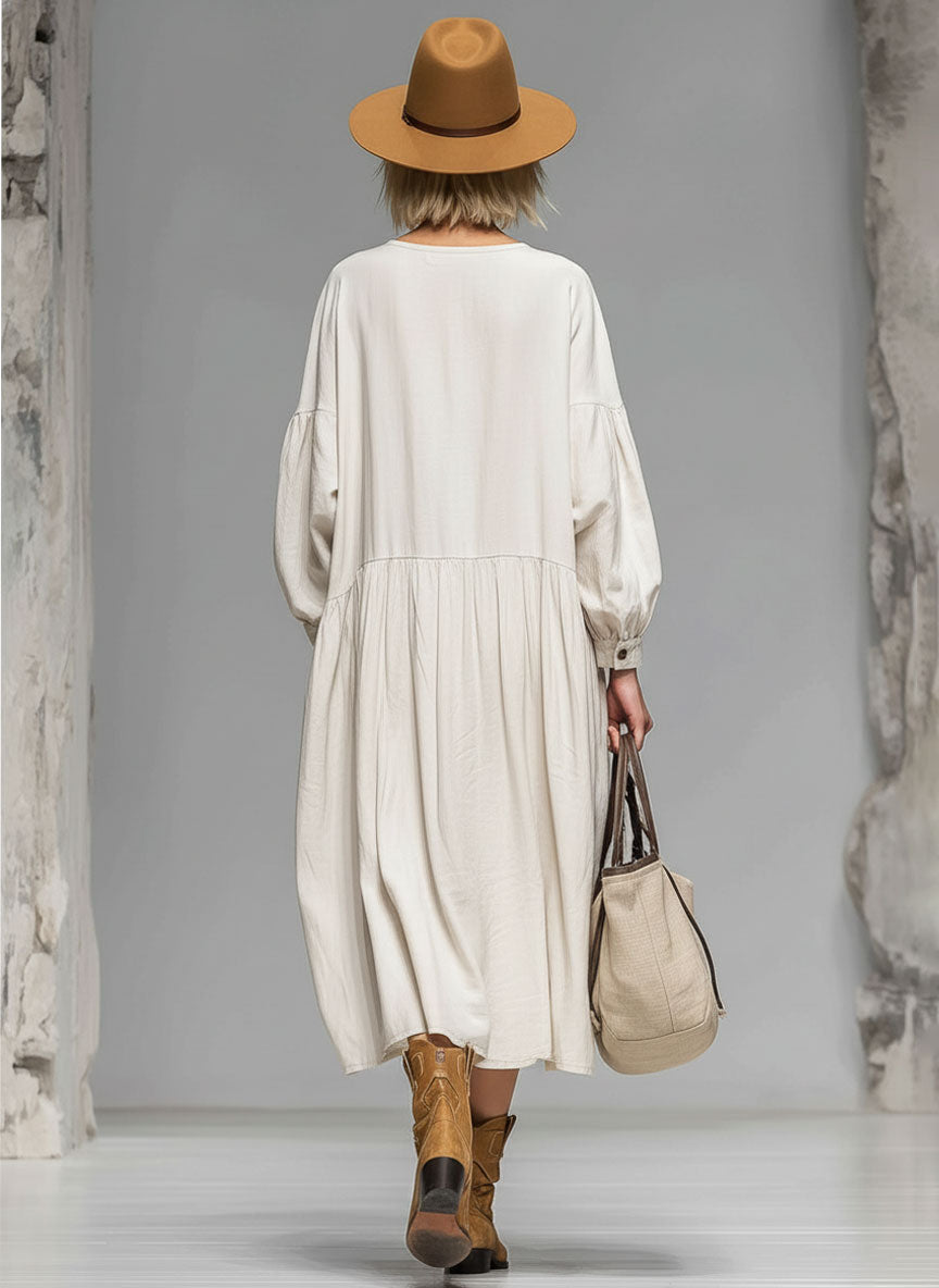 Loose Round-neck Button-front Double-pocket Cotton Long-sleeved Midi Dress - By Qivii