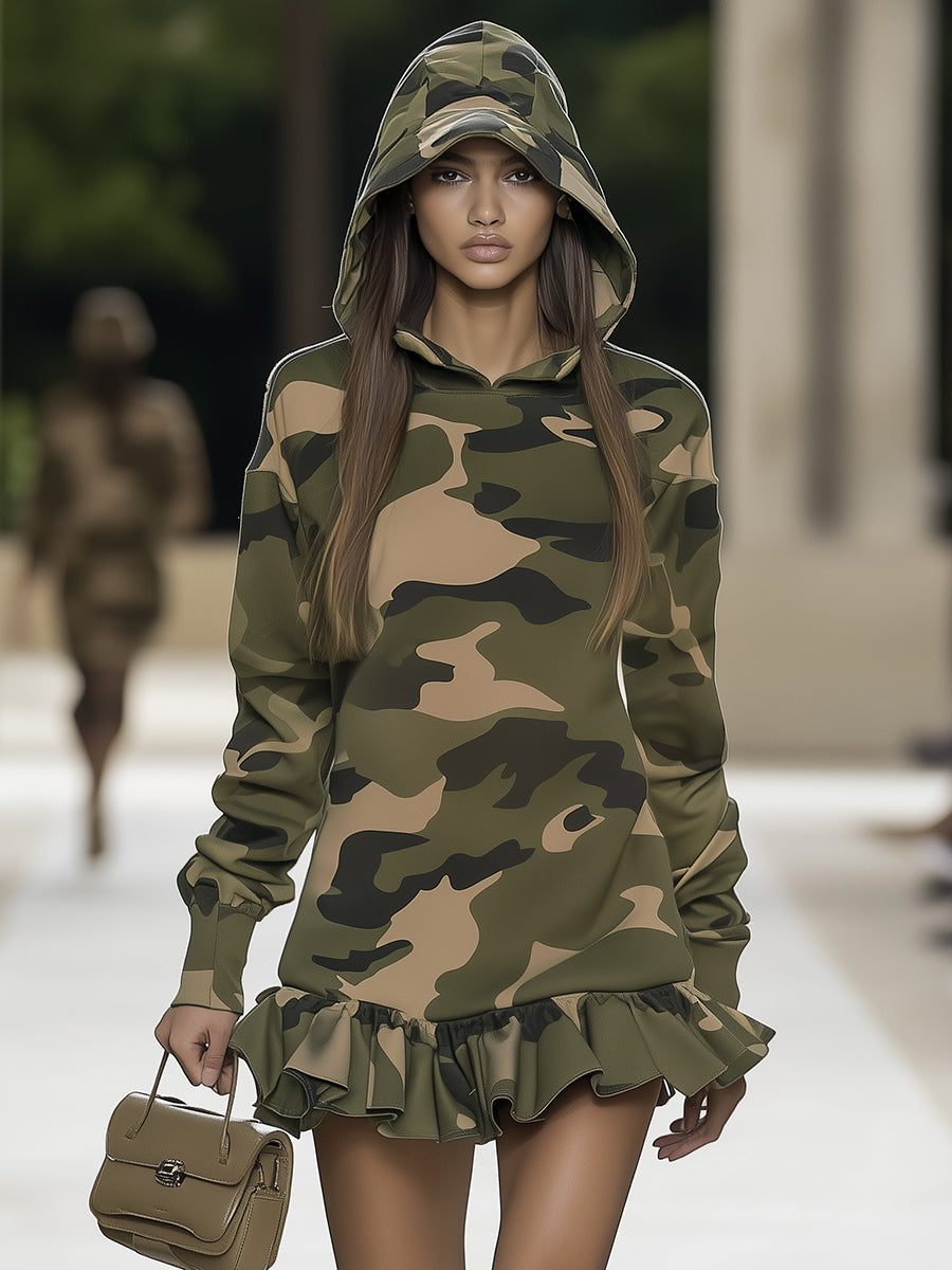 Camouflage Ruffle Long Sleeve Hooded Mini Dress - By Qivii